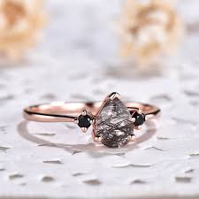 Black And Rose Gold Engagement Rings 14k 18k Three Stone Black Rutilated Quartz Black Diamond Engagement Rings In 2020 Quartz Engagement Ring Black Diamond Ring Engagement Black Diamond Engagement