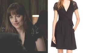 Fifty Shades Darker Ana S Black Wrap Dress With Lace Sleeves Fsd Fiftyshadesdarker 50shades Black Wrap Dress 50 Shades Fashion Dark Outfits