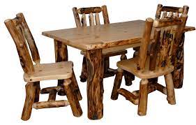 This elegant dining room set mixes stunning traditional elements with a casual feel. In Stock Rustic Aspen Log Kitchen Table Set With 4 Dining Chairs Rustic Dining Sets By Furniture Barn Usa Houzz