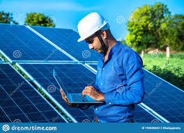 Young Male Engineer With Laptop In Hand Standing Near Solar Panels,  Agriculture Farm Land With Clear Blue Sky Background, Stock Photo - Image  Of Agriculture, Engineering: 190836660