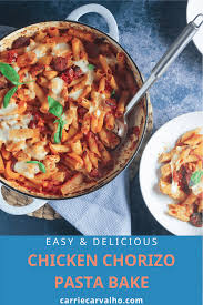 Rich and indulgent, our chicken & chorizo pasta features slices of chicken and chorizo in a rich and glossy cacciatore sauce ladled over al dente penne pasta, finished with a dollap of sour cream. Chicken And Chorizo Pasta Bake Carrie S Kitchen