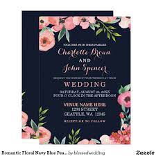 Watercolor Navy Blush Floral Elegant Wedding Invitation Zazzle Com Peach Wedding Invitations Floral Wedding Invitations Blue Peach Wedding