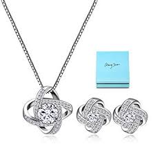 Amyjane Bridal Jewelry Set For Women Silver Crystal Cubic Zirconia Love Knot Necklace Stud Earr Bridesmaids Gift Sets Jewelry Gift Sets Rose Gold Jewelry Set