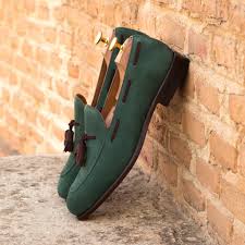 The Tassel Loafer In Forest Green Kid Suede With Brown Kid Suede Tassels Robert August Apparel Quality Leather Boots Suede Tassel Custom Design Shoes