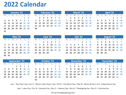 Download printable calendars for 2021, 2022 in word, excel, pdf format. 2022 Yearly Calendar With Holidays Horizontal Layout