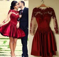Short Fit And Flare Prom Dress With Sheer Sleeves Long Sleeve Homecoming Dresses Red Homecoming Dresses Prom Dresses Long With Sleeves