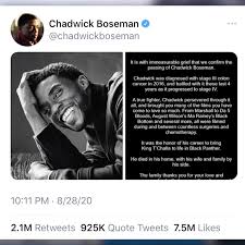 Chadwick boseman breaking news, photos, and videos. Chadwick Boseman S Final Twitter Post Announcing His Death Is The Most Retweeted Of 2020 Wcti