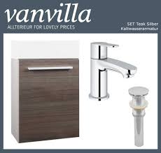 Set Unterschrank Becken Teak Silber C09 Grohe Kaltwasser Armatur Pop Up