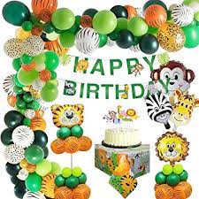 Camping themed party decorations , animal birthday invitation and decor , woodland forest animals , teal and pink colored bear. Amazon Com Yansion Jungle Safari Happy Birthday Decoration Kids Animal Birthday Party Decoration Banner With Palm Leaves Latex Balloons Forest Animal For Boy Birthday 1st 2nd 3rd 16th 18th 21st Toys Games