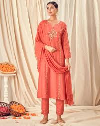 Poppy red paneled kurta set - set of three by Rahi Label | The Secret Label