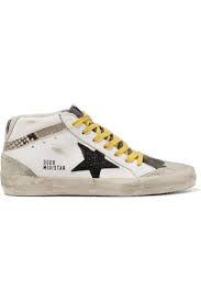Golden Goose Mid Star Distressed Glittered And Snake Effect Leather And Suede Sneakers In White Snake Print Black Glitter Modesens Suede Sneakers Leather Star Sneakers