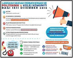 Bagi yang belum sempat membuat permohonan ke politeknik, permohonan masuk ke program diploma bagi kemasukan baharu sesi disember 2020 dilanjutkan secara online melalui. Permohonan Politeknik Tun Syed Nasir Syed Ismail Facebook