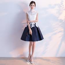 Affordable Chinese Style Graduation Dresses 2017 Lace Appliques High Neck Sleeveless White Navy Blue Short Ball Gown White Short Dress Lace Outfit Short Dresses