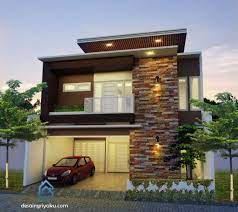 Gambar desain rumah 2 lantai sederhana ini memiliki nuansa natural dengan bahan batu alam dikombinasikan dengan unsur modern dominasi kaca pada tampak depan. Rumah 10x15 Minimalis 2 Lantai Jasa Desain Rumah Online