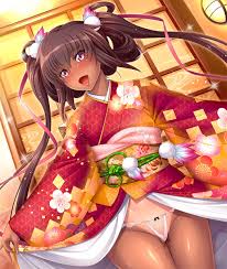 aoi nagisa (metalder), mizuki yukikaze, taimanin (series), taimanin asagi  kessen arena, taimanin yukikaze, highres, 1girl, bare legs, breasts, brown  hair, curvy, dark-skinned female, dark skin, dress, female focus, happy,  japanese clothes, kimono,