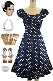 50s Style Navy White Polka Dots Pinup Peasant Top On Off The Shoulder Dress Dresses Professional Dresses 50s Fashion