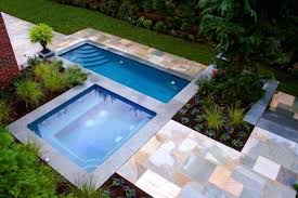 Small Pool Hot Tub Cement Tiles Trees Potted Plants Small Backyard Landscaping Ideas Flowers Small Backyard Pools Backyard Pool Pools For Small Yards