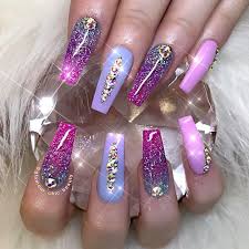 But, if you do prefer bolder nail art, then this mani shows how to wear purple in a more statement making way. Shades Of Purple Nail Art Coffin Nails Nail Art Design With Rhinestones Instagram Glamour Chic Beauty Purple Nail Art Trendy Nail Art Purple Nails