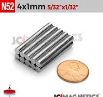 4mm X 1mm N52 neodymium thin magnets round discs 5/32in x 1/32in