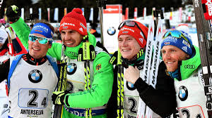 Dominik windisch of italy celebrates after winning the bronze medal ahead of arnd peiffer of germany during the biathlon 2x6km women. German Men Race To Biathlon Relay Gold In Italy Eurosport