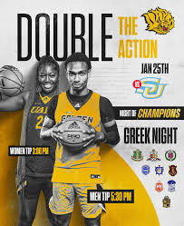 𝐃𝐨𝐮𝐛𝐥𝐞 𝐭𝐡𝐞 𝐀𝐜𝐭𝐢𝐨𝐧 🏀 𝐆𝐫𝐞𝐞𝐤 𝐍𝐢𝐠𝐡𝐭/𝐍𝐢𝐠𝐡𝐭 𝐨𝐟  𝐂𝐡𝐚𝐦𝐩𝐢𝐨𝐧𝐬 🦁 . . Don't miss the excitement as the Golden Lions  take the court for an epic doubleheader against the Jaguars of Southern  University!