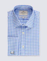 Mens Formal Blue White Large Gingham Check Extra Slim Fit Shirt - Double Cuff - Non Iron Formal Shirts For Men Mens Formal Hawes And Curtis