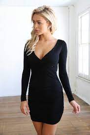 Black Long Sleeve V Neck Dress Cute Simple Dresses Long Sleeve Bodycon Dress Fashion