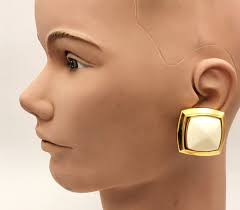 Vintage Signed LES BERNARD Gold tone White Square Shape Clip-On Earrings