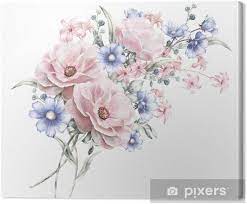 You can even use the flowers to create a whole artwork in your computer, print it out and transfer it into your watercolor paper. Watercolor Flowers Floral Illustration In Pastel Colors Rose Bunch Of Pink Blue Flowers Isolated On White Background Herbs Leaf Cute Composition For Wedding Or Greeting Card Romantic Bouquet Canvas Print Pixers