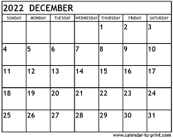 December 2022 Calendar Printable Monthly calendar for the month december in year 2022. december 2022 calendar printable