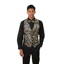 Black And Gold Vest And Bow Tie Men S Black Gold Formal Designer Business Suit Zebra Print Vest And Bonus Matching Bow Tie Printed Vests Vest And Bow Tie Long Sleeve Tshirt Men