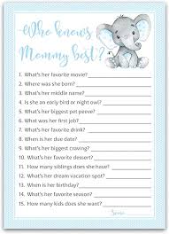 Amazon Com Blue Elephant Baby Shower Games Who Knows Mommy Best Pack Of 25 Boy Baby Shower Game New Parent Couples Coed Sprinkle Fun Guessing Game Shower Activity Questions Mom To Be Polka