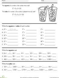 Building Exponents Squares Cubes And Roots Worksheet Education Com Exponent Worksheets Square Roots Algebra Worksheets