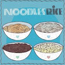My ramen glass noodle shop / マイラーメン グラスヌードル ショップ address: Hand Drawn Set Of Bowls With Three Different Types Of Noodles Wheat Ramen Or Udon Transparent Glass Noodles Or Harusame Buckwheat Naengmyeon Or Soba And White Rice Tasmeemme Com