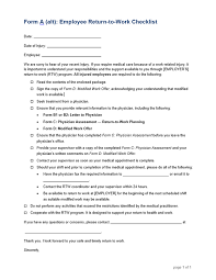 This form explains the light duty program to the physician and . Form A Alt Employee Return To Work Checklist Go2hr