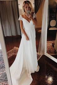 Simple A Line Chiffon Wedding Dresses Cap Sleeve V Neck Bohemian Beach Bridal Gowns On Sale Wedding Dress Cap Sleeves Wedding Dress Chiffon Beach Bridal Gown