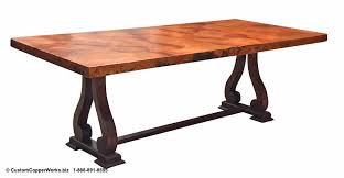 Each hammered copper tabletop is crafted specifically for its chosen base. Wood Base Copper Tables