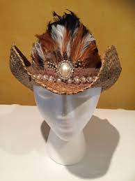 Straw Bendable Cowboy Hat Full Feather Plume In Front With Lace And Rhinestone Band And Pearl And Rhinestone Center Gorgeous Hat O Cowboy Hats Hats Feather