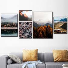 Mountain Fog Maple Leaf Landscape Wall Art Canvas Painting Nordic Posters And Prints Wall P Wall Art Canvas Painting Living Room Art Prints Landscape Wall Art