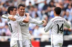 These years in real madrid, and time for me, full of consideration but also hard because real madrid is of the highest demands, but i real madrid wants to express its gratitude to a player who has proved to be the best in the world. Cristiano Ronaldo James Rodriguez Photos Cristiano Ronaldo Of Real Madrid Cf Celebrates With His Teammates James Rodrig Cristiano Ronaldo Ronaldo Real Madrid