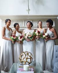 Stunning Bridesmaids In V Neck Halter And One Shoulder Gray White By Vera Vera Wang Bridesmaid Dresses Stone Bridesmaid Dress Davids Bridal Bridesmaid Dresses