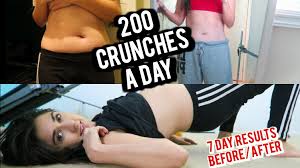 Jan 23, 2021 · doing 100 crunches a day will help you burn a small number of extra calories but so small that you will barely notice any fat loss progress. Realistic Results 200 Crunches Day For A Week