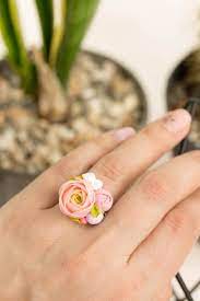 Pink Red Rose Ranunculus Ring Fr002 Polymer Clay Ring Women Rings Polymer Clay Jewelry
