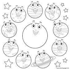 These planet coloring pages are a fun way for toddler these solar system colouring pages include the object, key word to trace, and information too. Eight Planets Cartoon Sun Coloring Pages Printable