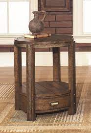 Place a mission style side table next to your morris chair, or. Rustic Round End Table With Drawer Distressed Umber Finish With Aged Antique Brass Metal End Tables End Tables With Drawers Furniture