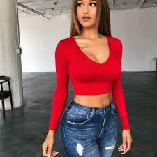 Crop Tops Jeans Outfits In 2020 Crop Tops Women Crop Top And High Waisted Shorts Long Sleeve Crop Top