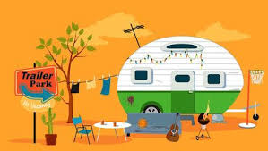 Trailer Park Scene With A Caravan Trailer Eps 8 Vector Illustration No Transparencies Trailer Park Vintage Trailer Travel Art