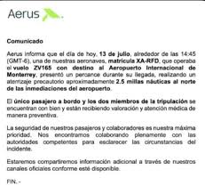 Aerus reporta como aterrizaje precautorio el desplome de la aeronave en Nuevo León