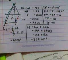 40 cm 5) un matematika smp/mts tahun 2008 sebuah limas berbentuk persegi dengan panjang sisi 6 cm. Diketahui Limas Tegak Dengan Alas Berbentuk Persegi Jika Keliling Alas 48cm Dan Tinggi Limas 8cm Brainly Co Id