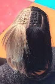 Split Colored Hair One Side Is A Beautiful Blonde Color And The Other Side Is A Black Hair Color Aved Hair Styles Split Dyed Hair Medium Length Hair Styles